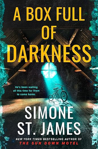 A book cover featuring a beam of light highlighting a child's bike in an attic
